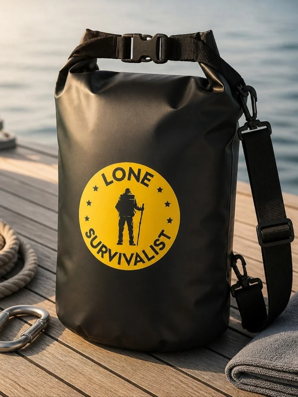 Black Dry Bag with Yellow Logo - Waterproof Shoulder Bag